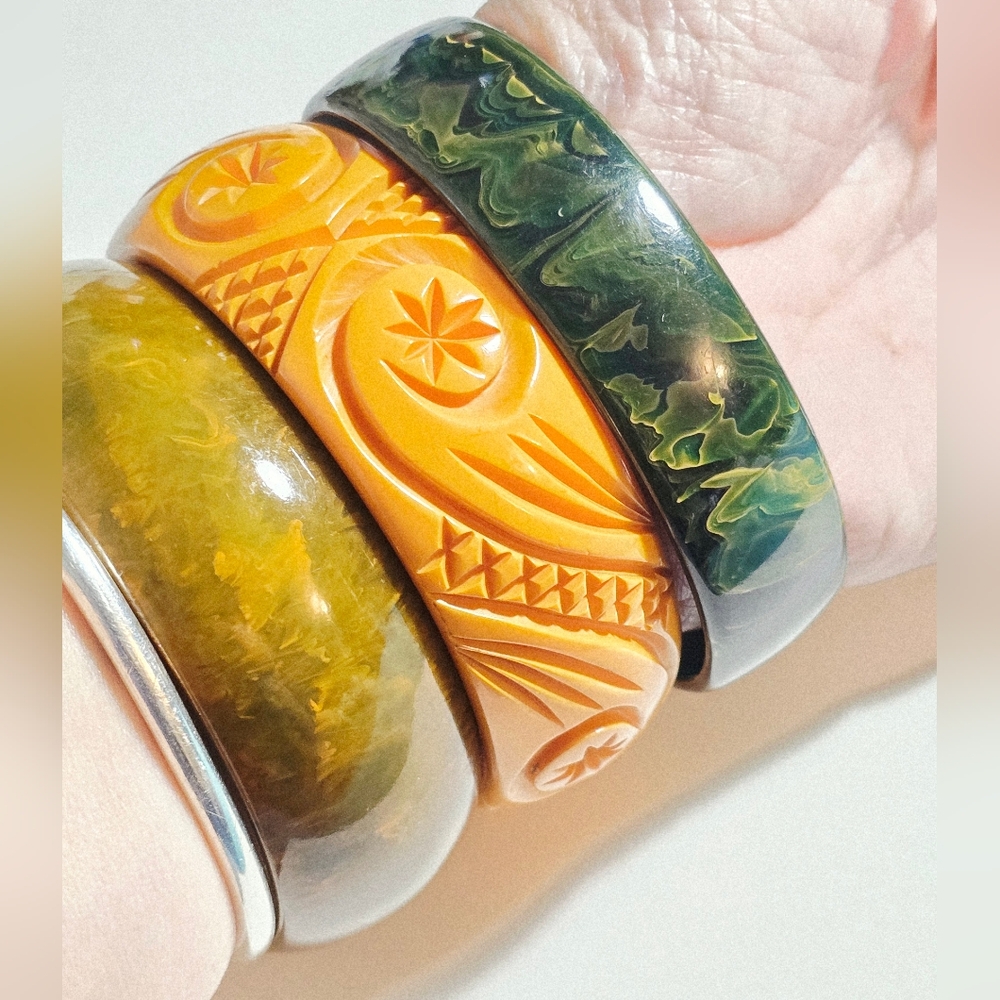 Vintage Bakelite Carved Art Deco Bracelet Lot 3 Piece Stackable